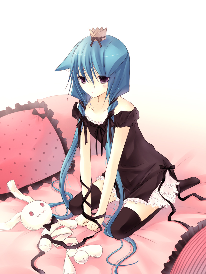 7th_dragon 7th_dragon_(series) animal_ears bad_id bad_pixiv_id bed black_thighhighs blue_hair crown dress female green_hair hair_ribbon highres long_hair momomeno_(7th_dragon) photoshop_(medium) princess_(7th_dragon) purple_eyes ribbon solo stuffed_animal stuffed_rabbit stuffed_toy thighhighs vanilla_(nicolla)