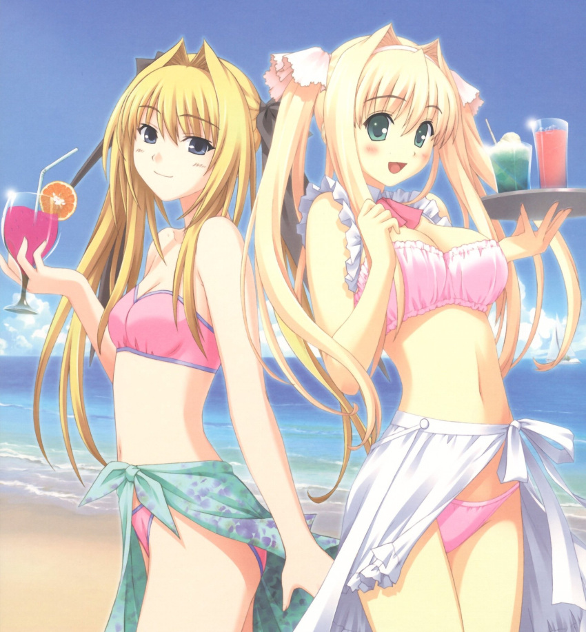 2girls aqua_sarong back-to-back bandeau beach bikini blonde_hair blue_eyes blush breasts cleavage day drink food green_eyes hair_intakes hair_ribbon hairband hayama_umi highres ice_cream ice_cream_float katori_rea kono_aozora_ni_yakusoku_wo large_breasts long_hair midriff multiple_girls navel nekonyan outdoors parfait_chocolat_second_brew print_sarong ribbon sarong small_breasts smile swimsuit tropical_drink twintails waitress water white_sarong