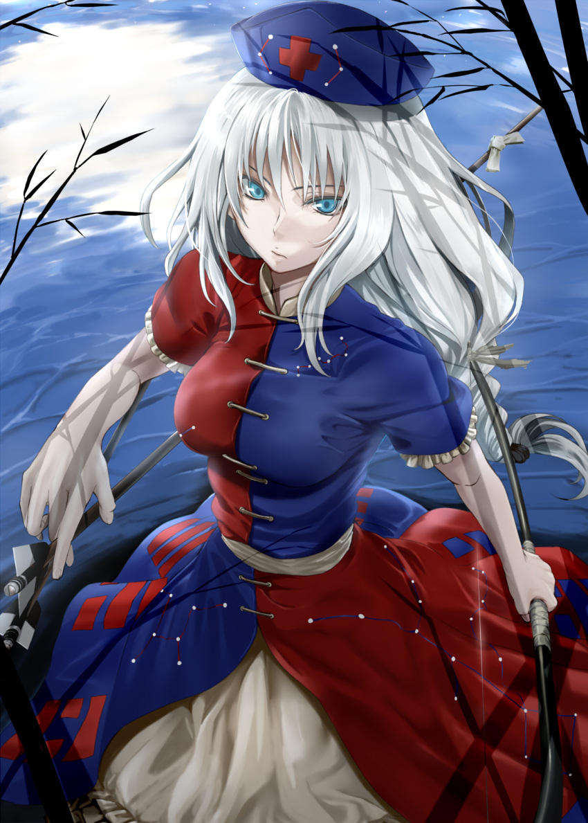 arrow_(projectile) blue_dress blue_eyes bow_(weapon) braid breasts commentary_request constellation constellation_print dress female full_moon hat highres holding holding_arrow holding_bow_(weapon) holding_weapon large_breasts long_hair moon night nurse_cap petticoat red_dress reflection sash simon_(n.s_craft) smile solo touhou trigram two-tone_dress water weapon white_hair yagokoro_eirin