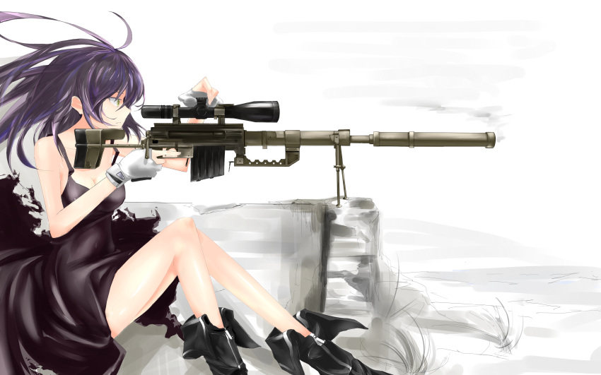 absurdres bipod bolt_action breasts cheytac_m200 cleavage collarbone commentary female fingerless_gloves gloves gun highres long_hair looking_through_scope medium_breasts original profile purple_hair rifle saberiii scope shiny_skin sitting sleeveless smoke smoking_barrel sniper_rifle solo suppressor torn_clothes trigger_discipline weapon yellow_eyes