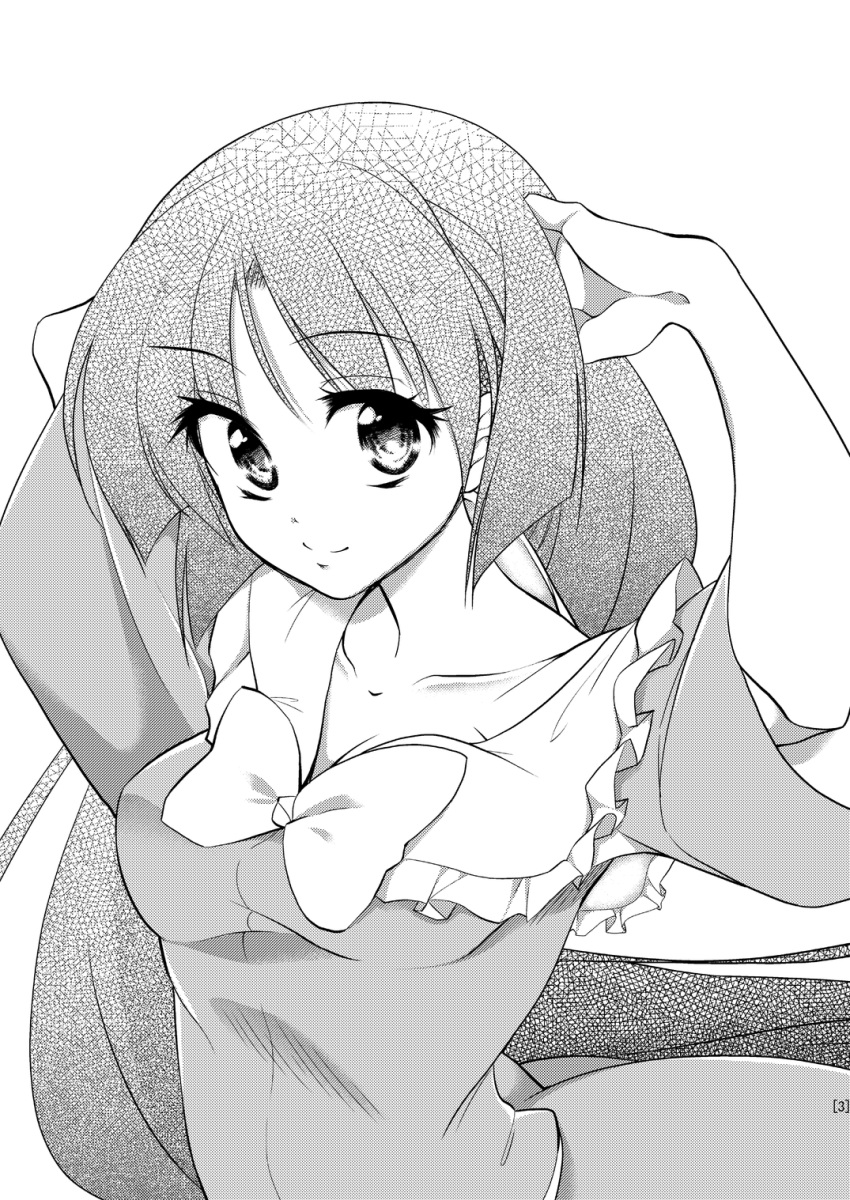 bow collarbone female greyscale hachi_(chihagura) highres hime_cut houraisan_kaguya long_hair monochrome scan smile solo touhou very_long_hair wide_sleeves