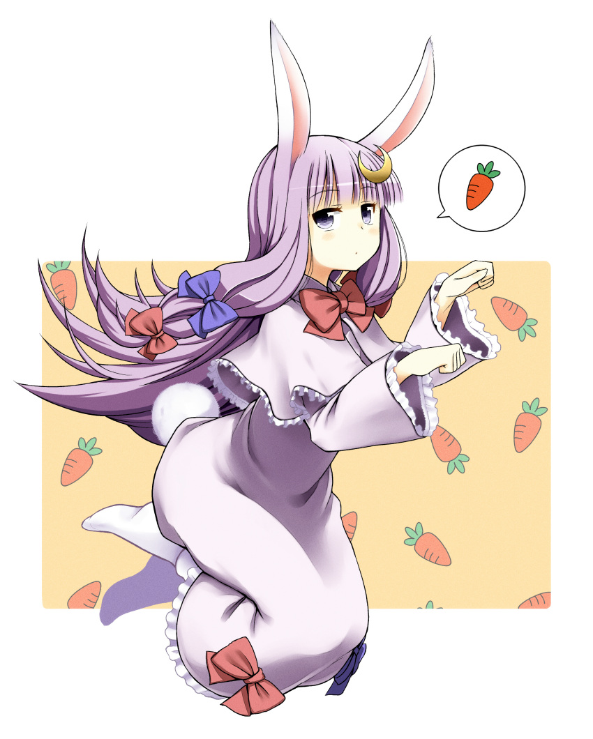 absurdres animal_ears bow capelet carrot commentary_request crescent crescent_hair_ornament dress female hair_ornament hair_ribbon hairbow highres kamata_yuuya kemonomimi_mode long_hair no_headwear patchouli_knowledge paw_pose purple_eyes purple_hair rabbit_ears rabbit_tail revision ribbon solo speech_bubble spoken_food spoken_object tail touhou very_long_hair white_legwear