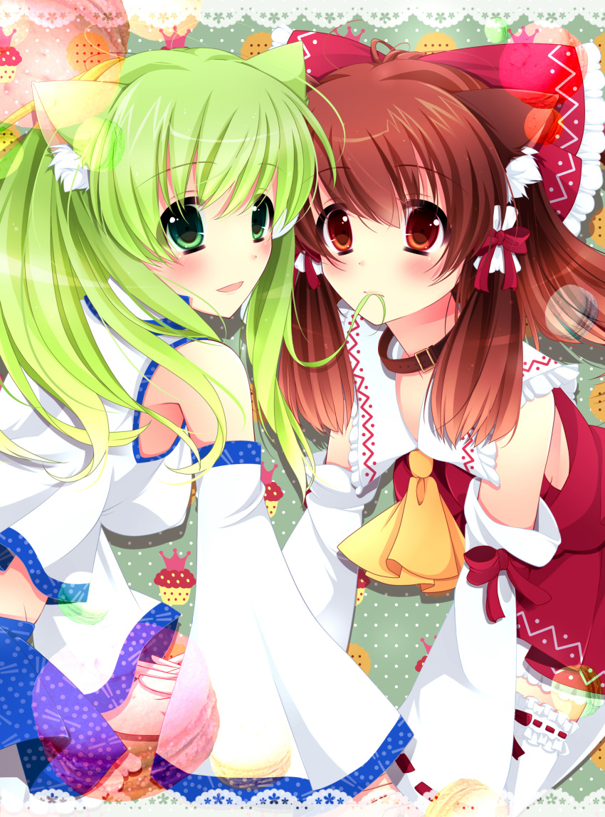 2girls absurdres animal_ears ascot blush bow brown_hair cat_ears collar commentary_request detached_sleeves green_eyes green_hair hair_tubes hairbow hakurei_reimu highres holding_hands kochiya_sanae long_hair multiple_girls open_mouth orange_eyes thighhighs touhou white_legwear wide_sleeves yumemiya_subaru