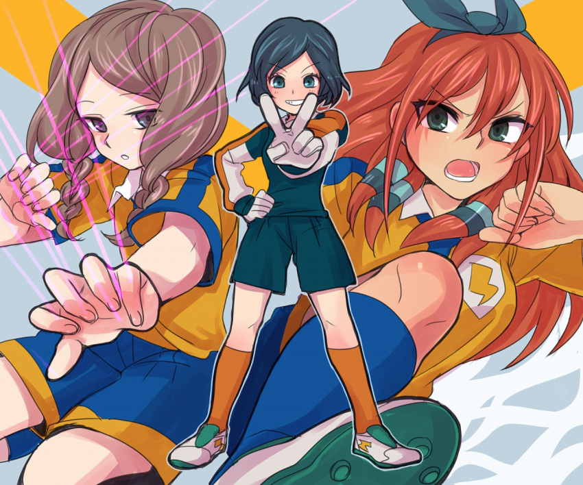 3girls bad_id bad_pixiv_id blue_eyes blue_hair braid brown_hair gloves goalkeeper green_eyes hair_ribbon inazuma_eleven_(series) inazuma_eleven_go kareido lightning_bolt_symbol long_hair multiple_girls open_mouth purple_eyes raimon raimon_soccer_uniform ribbon seto_midori short_hair smile soccer_uniform sorano_aoi sportswear twin_braids v yamana_akane