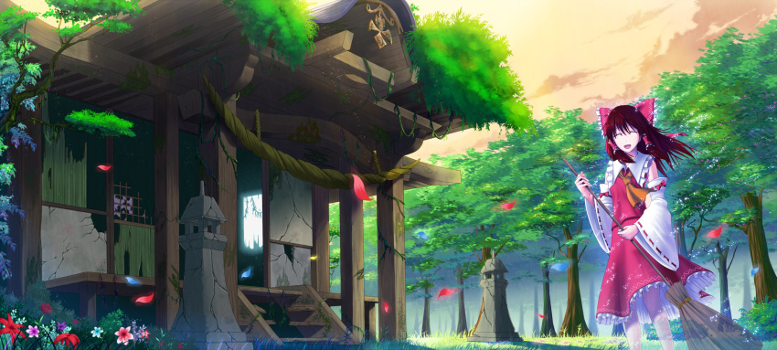 architecture ascot bad_id bad_pixiv_id bow broom brown_hair closed_eyes detached_sleeves east_asian_architecture female flower grass hair_tubes hairbow hakurei_reimu hakurei_shrine highres long_hair open_mouth outdoors petals red_bow semi-transparent shrine smile solo stone_lantern touhou tree wide_sleeves yonaga_(masa07240)