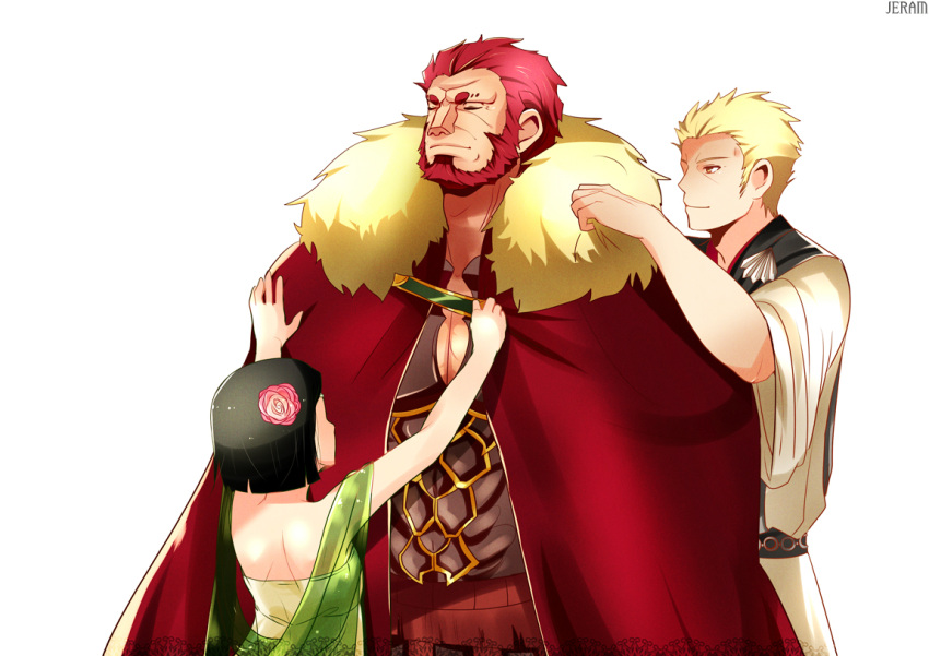 2boys ancient_greek_clothes armor bad_id bad_pixiv_id beard black_hair blonde_hair bob_cut facial_hair fate/zero fate_(series) female flower genderswap_(mtf) greco-roman_clothes hair_flower hair_ornament ionioi_hetairoi_(fate) iskandar_(fate) jeran_(ggokd) multiple_boys photoshop_(medium) red_eyes red_hair robe rule_63 short_hair waver_velvet