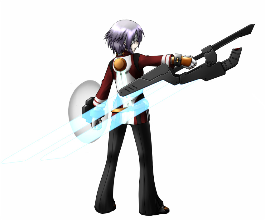 androgynous commentary_request energy_sword energy_weapon from_behind gender_request huge_weapon naginami pants phantasy_star phantasy_star_portable_2 phantasy_star_portable_2_infinity shield short_hair simple_background solo standing sword weapon white_background