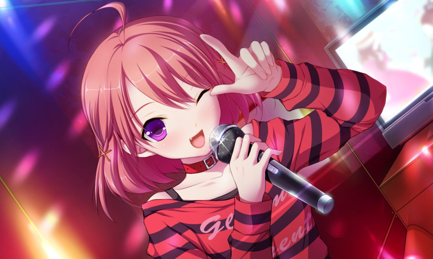 ;d ahoge collar female female finger_up fujikawa_runa hair_ornament hairclip hatsukoi light microphone oerba_yun_fang one_eye_closed open_mouth pink_hair purple_eyes runa_fujikawa smile solo striped television tv wink