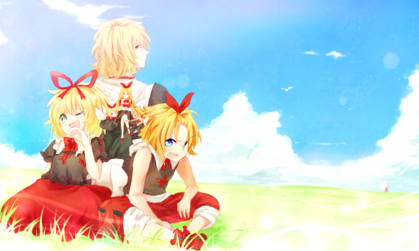 blonde_hair blue_eyes bow clouds doll dqn_(dqnww) dress grass landscape medicine_melancholy ribbons rule_63 scenic short_hair sky touhou