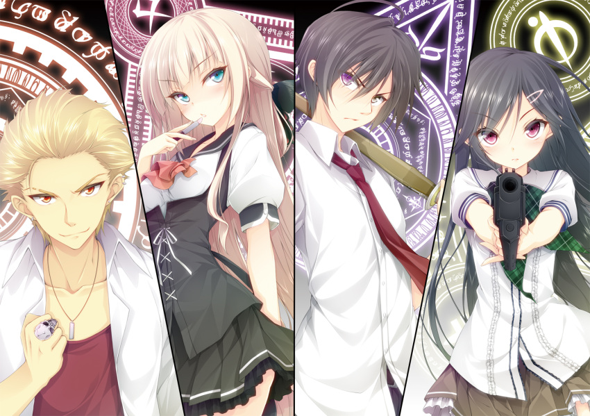 2boys 2girls aiba_mui black_hair blonde_hair bokken dress_shirt gun handgun heterochromia ida_kazumi isoshima_kurumi jewelry lipstick luna_lia mahou_sensou makeup multiple_boys multiple_girls nanase_takeshi necktie official_art plaid pleated_skirt ring school_uniform serafuku shirt skirt skull sword weapon wooden_sword