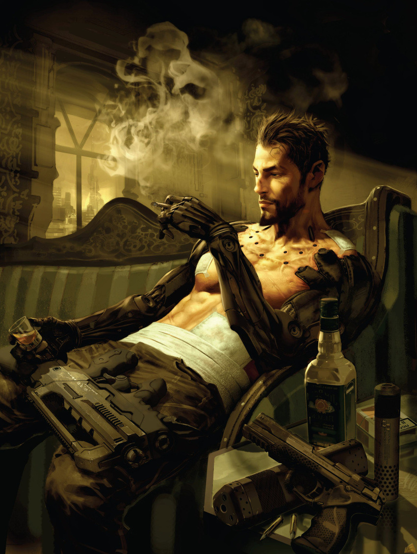 1boy absurdres adam_jensen alcohol amputee artist_request bandages beard between_fingers bottle brown_hair cigarette cityscape cyberpunk cyborg deus_ex deus_ex:_human_revolution facial_hair full_beard glass goatee gun handgun highres holding holding_cigarette injury machine_gun male_focus mature_male moustache pectorals production_art realistic scar science_fiction sitting smoke smoking solo suppressor weapon window wine