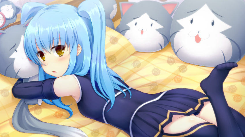 bed black_thighhighs blue_hair commentary_request eiyuu_densetsu elbow_gloves female gloves highres looking_at_viewer lying mishy on_stomach pillow skirt solo sorano_(12gou) stuffed_animal stuffed_toy thighhighs tio_plato twintails yellow_eyes zero_no_kiseki