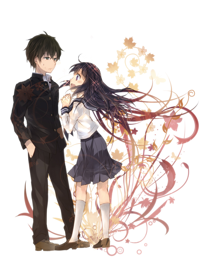 1boy black_hair brown_hair chitanda_eru commentary_request female full_body gakuran green_eyes highres hyouka kamiyama_high_school_uniform_(hyouka) long_hair open_mouth oreki_houtarou purple_eyes school_uniform serafuku simple_background skirt smile suzushiro_kurumi white_background