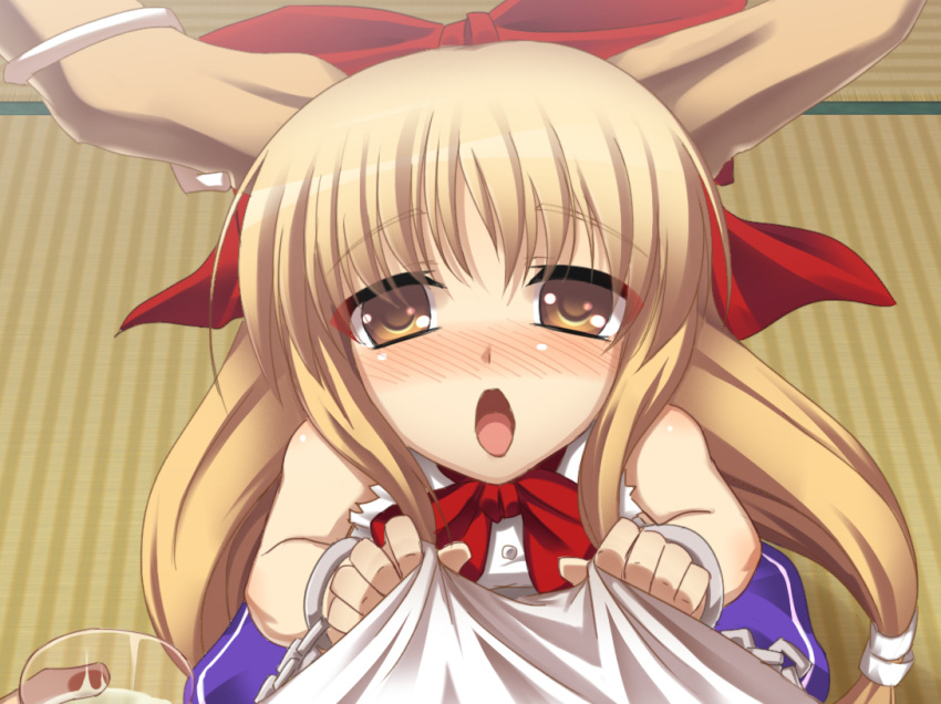 bare_shoulders blush bow brown_eyes brown_hair commentary_request female hairbow horns ibuki_suika kokuyouseki long_hair looking_at_viewer open_mouth photoshop_(medium) pov shirt_grab solo tatami touhou very_long_hair