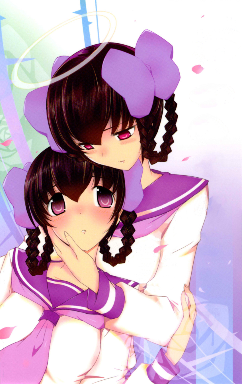 2girls absurdres ayukawa_tenri black_hair breasts commentary_request cover cover_page diana_(kaminomi) dual_persona hand_on_another's_face highres hug hug_from_behind kami_nomi_zo_shiru_sekai md5_mismatch medium_breasts multiple_girls official_art photoshop_(medium) purple_eyes red_eyes school_uniform serafuku short_hair third-party_edit wakaki_tamiki