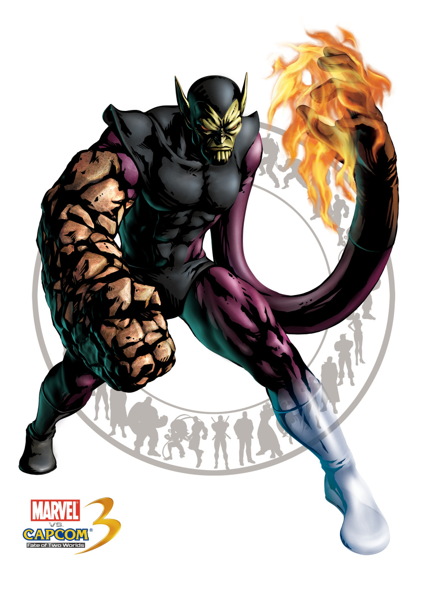 1boy absurdres alien capcom fighting_stance fire full_body green_skin highres male male_focus marvel marvel_vs._capcom marvel_vs_capcom mori_toshiaki muscle official_art silhouette simple_background solo standing super-skrull super_skrull transparency transparent