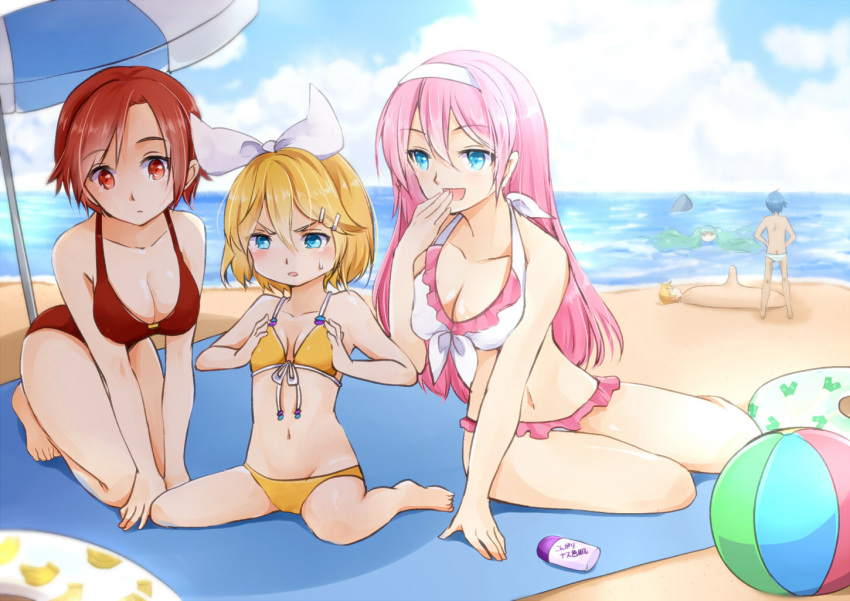 2boys 4girls arm_support barefoot beach bikini blonde_hair blue_eyes breast_envy breasts brown_eyes brown_hair cleavage cloud day frilled_bikini frills front-tie_top hair_ornament hair_ribbon hairclip hatsune_miku hazuki_natsu kagamine_len kagamine_rin kaito_(vocaloid) medium_breasts megurine_luka meiko_(vocaloid) multiple_boys multiple_girls navel open_mouth outdoors pink_hair ribbon short_hair sitting sky small_breasts swimsuit umbrella vocaloid wariza