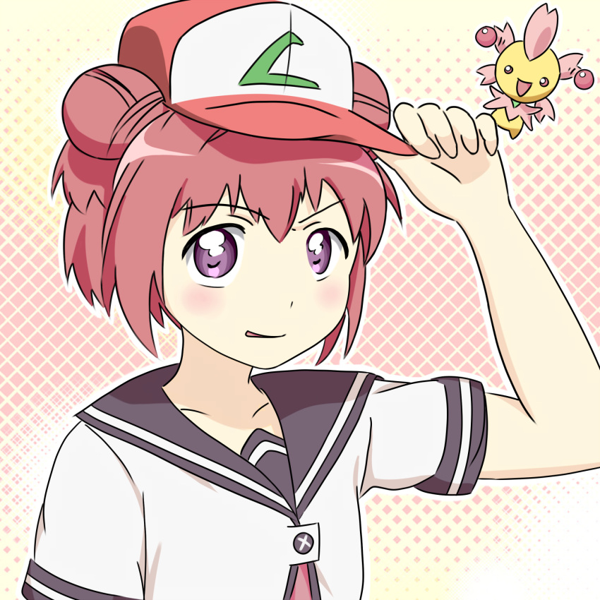 akaza_akari baseball_cap cherrim cherrim_(sunshine) commentary_request crossover double_bun female hair_bun hat highres looking_at_viewer marina_(mitsuba) nanamori_school_uniform pokemon pokemon_(creature) red_hair satoshi_(pokemon) school_uniform serafuku short_hair sig_(sfried) skirt smirk yuru_yuri