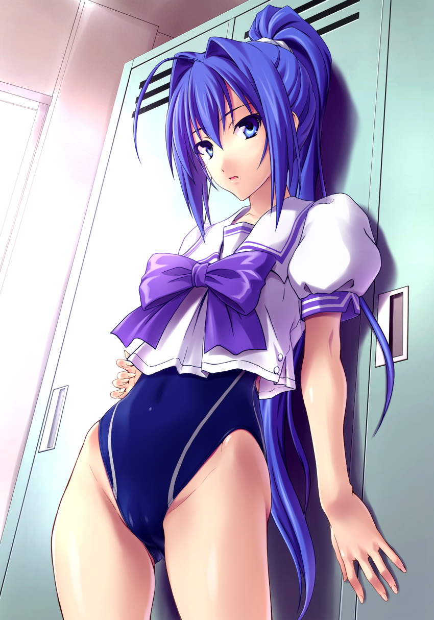 blue_eyes blue_hair blush cameltoe commentary_request competition_swimsuit female hair_intakes hakuryou_high_school_uniform hayase_mitsuki highres kimi_ga_nozomu_eien locker long_hair norizou_type-r one-piece_swimsuit ponytail puffy_short_sleeves puffy_sleeves school_uniform short_sleeves solo swimsuit swimsuit_under_clothes