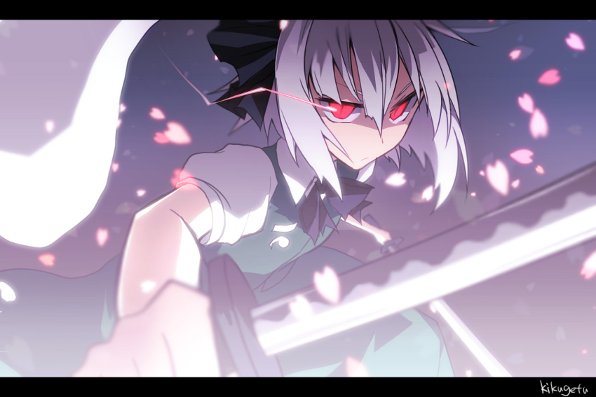 bad_id bad_pixiv_id dual_wielding female glowing glowing_eyes hair_ribbon hitodama holding kikugetsu konpaku_youmu konpaku_youmu_(ghost) letterboxed puffy_sleeves red_eyes ribbon short_hair short_sleeves slit_pupils solo sword touhou weapon white_hair