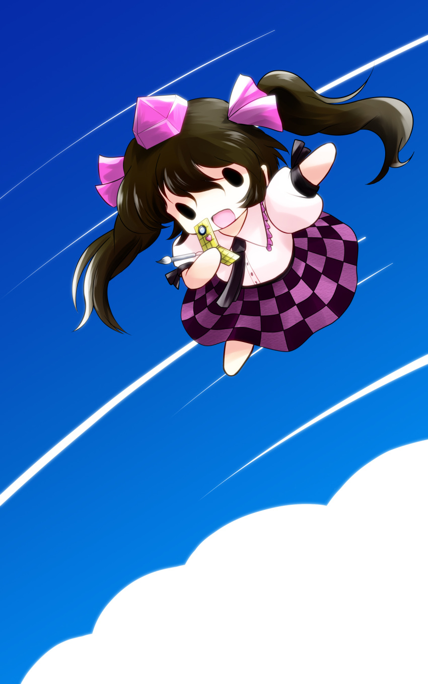 black_hair cellphone cloud commentary_request female flying hat highres himekaidou_hatate long_hair necktie open_mouth outstretched_arms phone photoshop_(medium) puffy_sleeves short_sleeves sky solo tokin_hat touhou twintails yume_shokunin