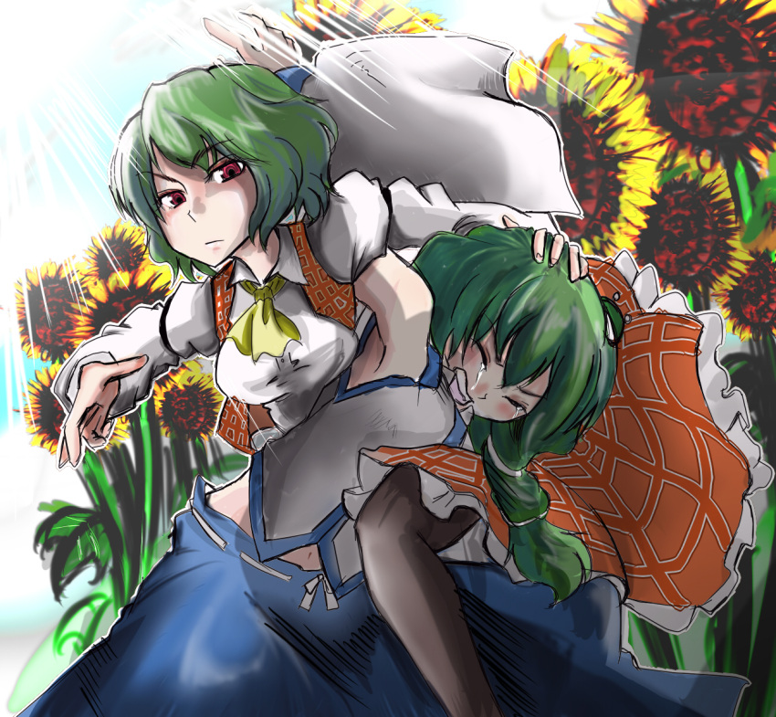 2girls abdominal_stretch armpits ascot commentary_request crying dress flower green_hair highres kazami_yuuka kochiya_sanae long_hair midriff multiple_girls navel pain pantyhose perspective ryona sadism short_hair submission_hold sunflower sunlight touhou wakie wince wrestling