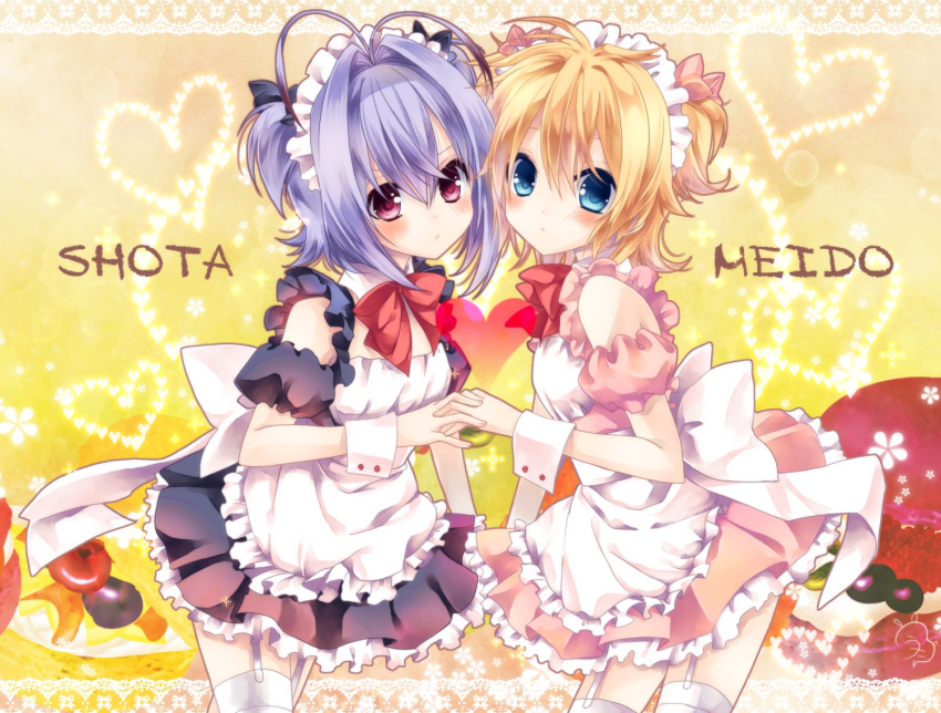 2boys ahoge antenna_hair bad_id bad_pixiv_id blonde_hair blue_hair crossdressing crossover dress headdress holding_hands interlocked_fingers kagamine_len maid male_focus male_maid multiple_boys otoko_no_ko otoko_no_ko_wa_meido_fuku_ga_osuki!? red_eyes ribbon romaji_text thighhighs twintails uutan vocaloid yuki_(otosuki)