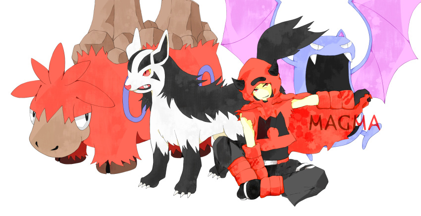 1boy 6325-inu6325 bad_id bad_pixiv_id camerupt cape golbat highres mightyena pokemon pokemon_(creature) pokemon_rse red_eyes simple_background sitting smile tabitha_(pokemon) team_magma team_magma_uniform uniform