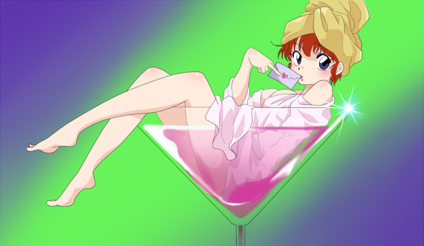 alcohol alternate_hairstyle bangs barefoot blue_background breasts champagne cup drinking_glass full_body genderswap_(mtf) gradient gradient_background green_background hair_up heart in_container in_cup looking_at_viewer lying medium_breasts multicolored multicolored_background on_back parted_lips ranma-chan ranma_1/2 red_hair robe rule_63 saotome_ranma sitting solo suika_(swimy0pe0u_u0s) towel towel_on_head white_robe wine_glass yellow_towel