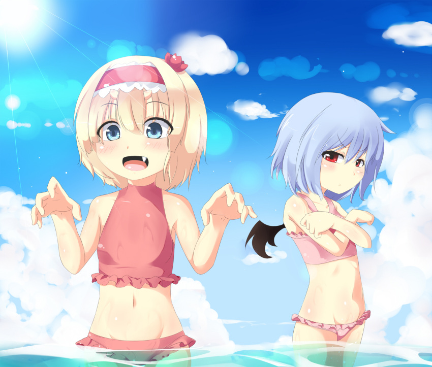 2girls :d alice_margatroid bat_wings bikini blonde_hair blue_eyes blue_hair blush cloud commentary_request day frilled_bikini frills hairband highres meracle multiple_girls oerba_yun_fang open_mouth partially_submerged red_eyes remilia_scarlet sky smile sunlight swimsuit touhou wings