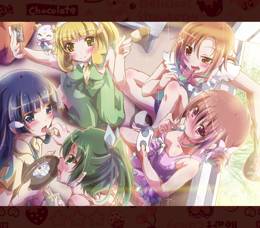 5girls aoki_reika blonde_hair blue_eyes blush cake candy_(smile_precure!) commentary_request dress eating food green_eyes green_hair hairband highres hino_akane_(smile_precure!) hoshizora_miyuki inoshishi_(ikatomo) letterboxed long_hair midorikawa_nao multiple_girls open_mouth orange_hair ponytail popsicle precure purple_hair red_eyes red_hair short_hair smile smile_precure watermelon_bar yayoi_kise yellow_eyes