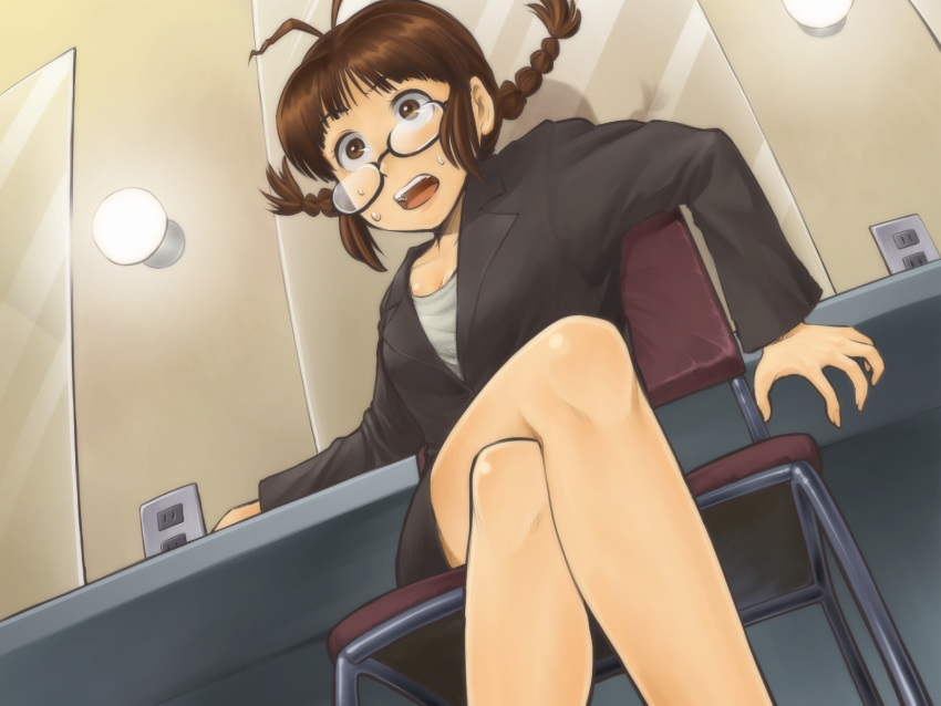 akizuki_ritsuko antenna_hair braid brown_eyes brown_hair chair chiaki_rakutarou commentary_request crooked_eyewear crossed_legs desk electrical_outlet female glasses highres idolmaster idolmaster_(classic) jacket light_bulb long_legs mirror open_mouth pencil_skirt shirt short_hair sitting skirt solo suit_jacket surprised sweatdrop twin_braids