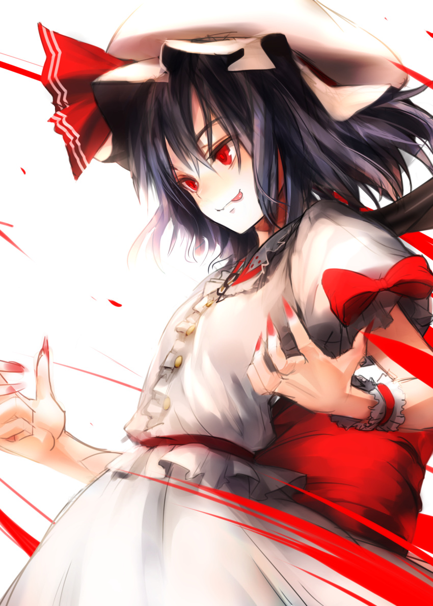 :p chirigami-san commentary_request female fingernails hat highres long_fingernails purple_hair red_eyes remilia_scarlet short_hair simple_background skirt skirt_set smile solo tongue tongue_out touhou upper_body white_background wings