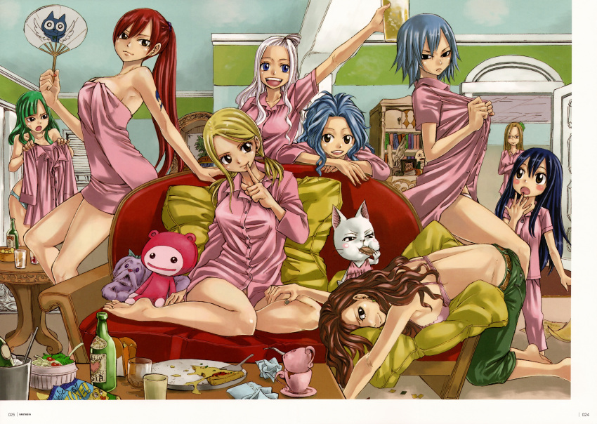 6+girls :d :o absurdres barefoot blonde_hair blue_eyes blue_hair blush blush_stickers bottle bra breasts brown_eyes brown_hair cana_alberona canine charle_(fairy_tail) couch cropped dress dress_shirt drink eating erza_scarlet evergreen_(fairy_tail) fairy_tail feline food glasses green_hair hand_fan highres juvia_lockser large_breasts legs levy_mcgarden lingerie long_legs lucy_heartfilia mashima_hiro md5_mismatch mirajane_strauss multiple_girls no_pants official_art open_clothes open_mouth pajamas panties paper_fan pillow pizza red_eyes red_hair scan shirt sideboob sitting smile stuffed_animal stuffed_toy tattoo towel uchiwa underwear underwear_only visca_mulan wendy_marvell white_hair