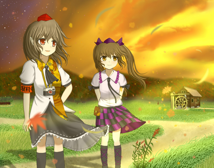 2girls armband arms_behind_back brown_hair bunchou_(bunchou3103) camera commentary_request grass hat himekaidou_hatate long_hair multiple_girls necktie pointy_ears puffy_sleeves red_eyes shameimaru_aya short_hair short_sleeves smile standing tokin_hat touhou tree water_wheel wind yellow_eyes