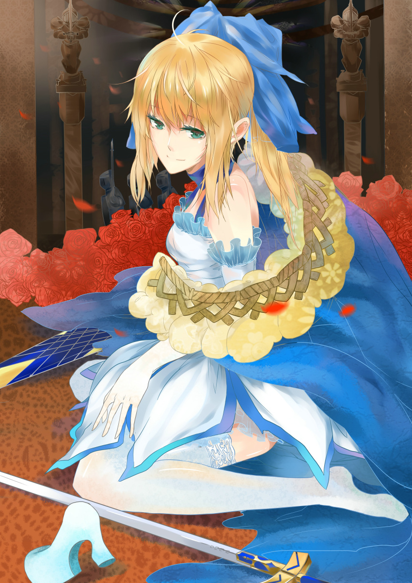 absurdres ahoge alternate_costume artoria_pendragon_(fate) avalon_(fate/stay_night) bad_id bad_pixiv_id blonde_hair cape citemer dress elbow_gloves excalibur_(fate/stay_night) fate/zero fate_(series) female flower gloves green_eyes hair_flower hair_ornament hair_ribbon highres lace lace-trimmed_legwear lace_trim ribbon rose saber_(fate) sitting smile solo sword thighhighs wariza weapon