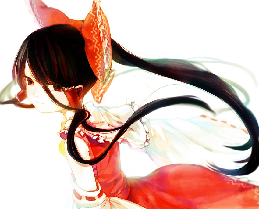 black_hair bow detached_sleeves female hair_tubes hairbow hakurei_reimu highres long_hair okari photoshop_(medium) red_bow red_eyes simple_background solo touhou