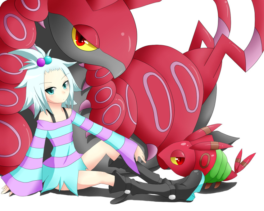 blue_eyes boots centipede female gym_leader homika_(pokemon) insects nintendo pokemon pokemon_(game) pokemon_bw2 red_eyes scolipede sitting transparent_background venipede white_hair yellow_sclera