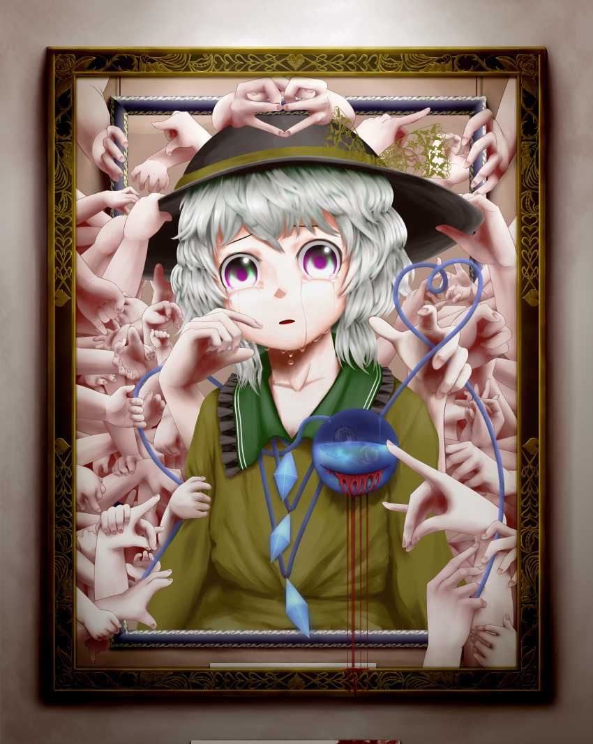 absurdres blood blood_from_eyes commentary_request female fourth_wall framed grey_hair hands hat hat_ribbon highres kachayori komeiji_koishi long_sleeves open_mouth picture_frame purple_eyes ribbon shirt solo tears third_eye touhou