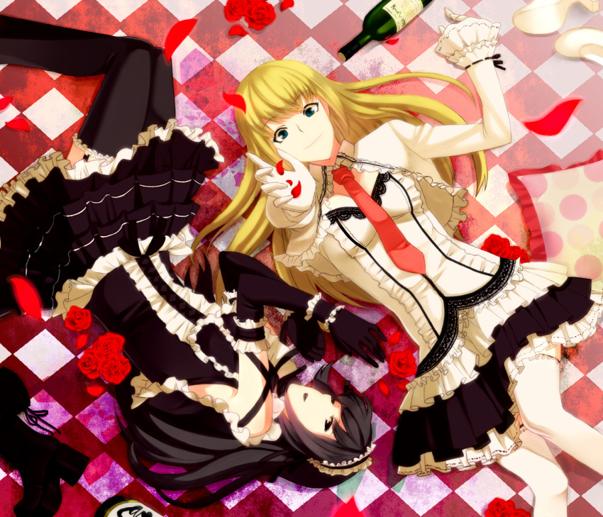 1boy alcohol bad_id bad_pixiv_id black_hair blonde_hair blue_eyes boots checkered elbow_gloves female flower gloves gothic_lolita highres lolita_fashion long_hair lying marie_(moyashimon) moyashimon naako_(nariiabc) necktie on_back on_side otoko_no_ko pillow reaching rose shoes skirt thighhighs wine yuuki_kei