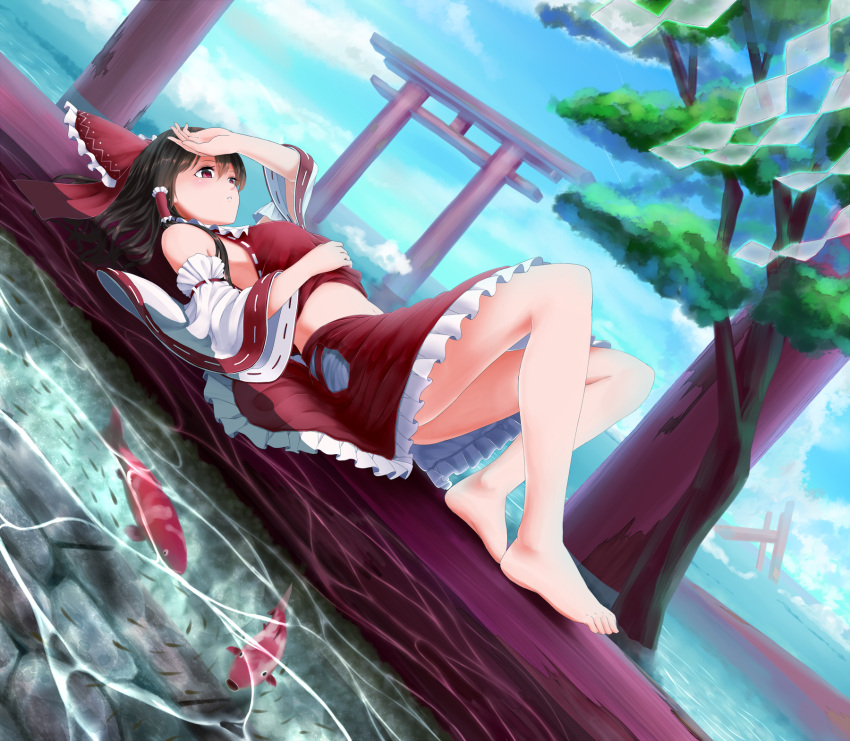 barefoot black_hair bow breasts commentary_request detached_sleeves dutch_angle female fish hair_tubes hairbow hakurei_reimu hand_on_forehead highres kachayori koi long_hair lying medium_breasts midriff midriff_peek navel on_back red_eyes red_skirt skirt solo torii touhou water