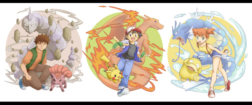 2boys aqua_eyes artistic_error black_eyes black_hair brock_(pokemon) brown_hair charizard closed_eyes commentary_request denim female flame-tipped_tail gintarou_(puipuiginta) gyarados hat holding holding_poke_ball jacket jeans kasumi_(pokemon) kneeling letterboxed multiple_boys onix open_mouth orange_hair pants pikachu pointing poke_ball poke_ball_(basic) pokemon pokemon_(anime) pokemon_(classic_anime) pokemon_(creature) psyduck satoshi_(pokemon) shoes short_hair shorts side_ponytail smile sneakers suspenders vest vulpix