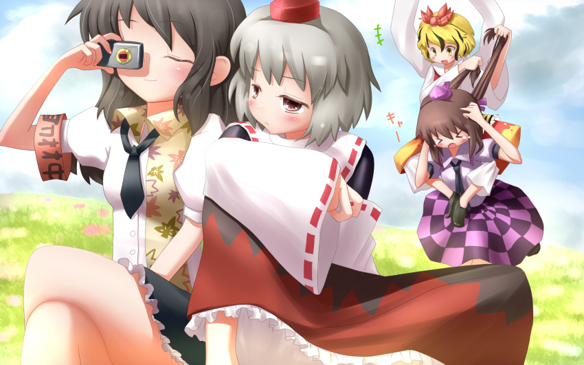 >_< 4girls armband bad_id bad_pixiv_id black_hair blonde_hair blush brown_eyes brown_hair camera carrying closed_eyes commentary_request detached_sleeves grey_hair hat highres himekaidou_hatate inubashiri_momiji long_hair long_sleeves mille multicolored_hair multiple_girls necktie open_mouth puffy_sleeves riding shameimaru_aya shawl short_hair short_sleeves shoulder_carry sitting smile tears tokin_hat toramaru_shou touhou two-tone_hair wide_sleeves yellow_eyes