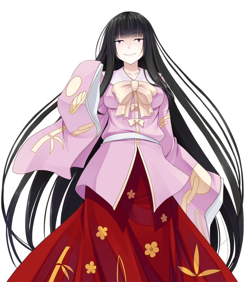 black_hair bow collarbone commentary_request crote female highres hime_cut houraisan_kaguya long_hair long_sleeves smile solo tachi-e touhou transparent_background very_long_hair wide_sleeves yellow_eyes