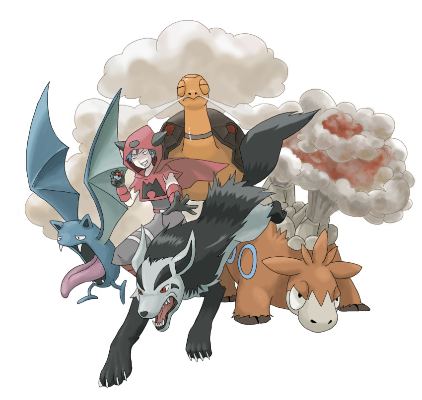 1boy ao620807 camerupt commentary_request dark evil_smile fighting_stance gloves golbat highres holding holding_poke_ball mightyena photoshop_(medium) poke_ball pokemon pokemon_(creature) pokemon_rse purple_hair simple_background smile smog tabitha_(pokemon) team_magma torkoal uniform