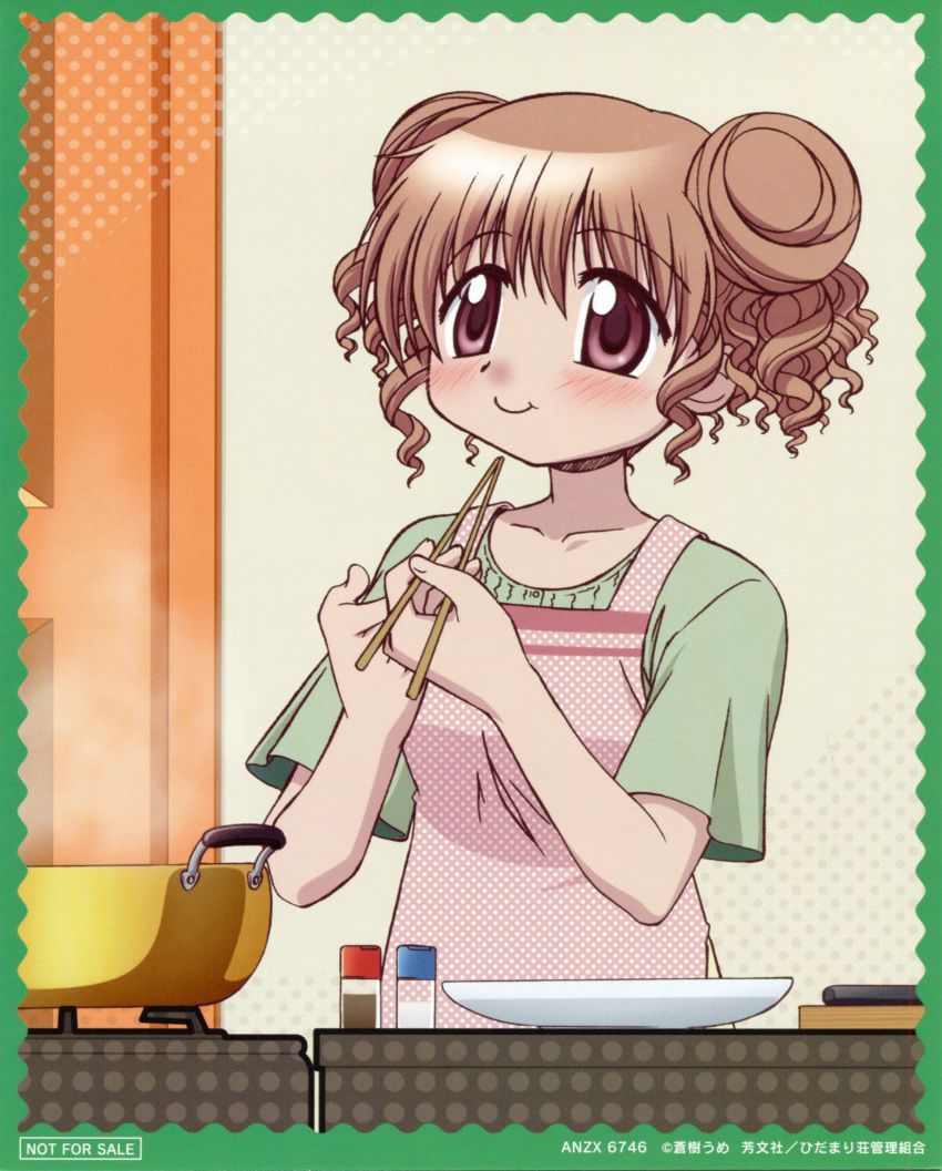 absurdres apron artist_request blush casual chopsticks cooking double_bun female hair_bun hidamari_sketch highres hiro_(hidamari_sketch) official_art pink_hair red_eyes scan smile solo tasting