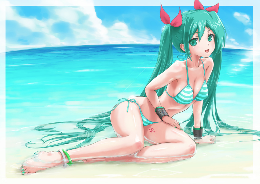 :d anklet aqua_hair arm_support barefoot beach bikini breasts cleavage cloud commentary_request day feet female fisheye green_eyes green_hair halterneck hatsune_miku highres horizon jewelry long_hair medium_breasts nail_polish ocean open_mouth outdoors partially_submerged rasukaru shiny_skin side-tie_bikini_bottom sitting skindentation sky smile solo string_bikini striped_bikini striped_clothes swimsuit toenail_polish toenails twintails very_long_hair vocaloid water wet yokozuwari