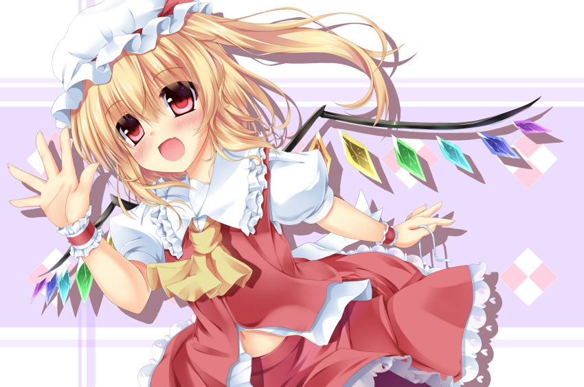 :d ascot blonde_hair blush commentary_request female flandre_scarlet fujieda_uzuki hat hat_ribbon highres mob_cap open_mouth red_eyes ribbon side_ponytail simple_background skirt smile solo touhou waving white_background white_hat wings wrist_cuffs