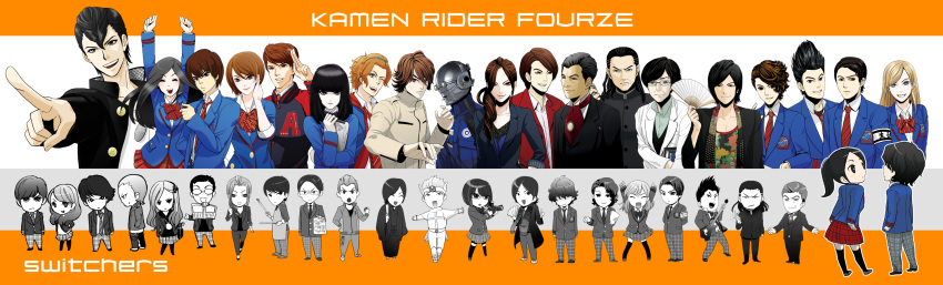 6+boys 6+girls ^_^ amanogawa_high_school_uniform armband arms_behind_back arms_up astro_switch bag black_hair blonde_hair blue_eyes book bookbag bow brown_eyes brown_hair camera closed_eyes commentary_request copyright_name cross crushing daimonji_shun dual_persona eguchi_norio emoto_kuniteru everyone fighting_stance flower folding_fan gamou_mitsuaki glasses gotou_toujirou grey_eyes grin guitar hair_flower hair_ornament hair_over_eyes hairband hand_fan hayami_kouhei headband helmet highres instrument ipad jacket jewelry jk_(kamen_rider_fourze) joujima_yuuki kamen_rider kamen_rider_fourze_(series) kazashiro_miu kijima_natsuji kisaragi_gentarou kuroki_ran kusao_haru long_hair makise_hiroki miura_toshiya motoyama_soushi multiple_boys multiple_girls necktie nitta_fumihiro nomoto_jin nonomura_kimio nozama_tomoko one_eye_closed oomura_(issgraph) open_mouth outstretched_arms paintbrush pantyhose paper pendant photoshop_(medium) pointing pointing_up ponytail red_eyes robe sakuma_tamae sakuta_ryuusei satake_teruhiko scarf school_uniform scowl short_hair smile smirk sonoda_sarina suda_erin sugiura_yuuta tablet_pc tachibana_(kamen_rider_fourze) tatsugami_kou thighhighs tokuda_yayoi track_suit usaka_ritsuko utahoshi_kengo yamada_tatsumori