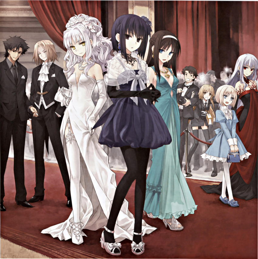 3boys 428:_fuusa_sareta_shibuya_de 6+girls absurdres ahoge alternate_costume bag black_gloves black_hair black_pantyhose black_thighhighs breasts canaan_(series) caren_hortensia closed_eyes company_connection crossover dark_sakura dress duplicate earrings elbow_gloves emiya_kiritsugu facial_hair fate/hollow_ataraxia fate/prototype fate/stay_night fate/zero fate_(series) flower formal full_body garter_straps gloves gown hair_flower hair_ornament handbag high_heels highres jewelry konoe_ototsugu kuonji_alice mahou_tsukai_no_yoru mary_janes matou_sakura medium_breasts melty_blood minorikawa_minoru multiple_boys multiple_girls nail_polish necklace necktie oosawa_maria pantyhose pearl_necklace photoshop_(medium) sajou_manaka scan shoes short_hair side_slit skirt skirt_suit stubble suit thighhighs toenail_polish toenails tohno_akiha tsukihime type-moon wallachia white_dress white_gloves white_hair white_legwear yellow_eyes